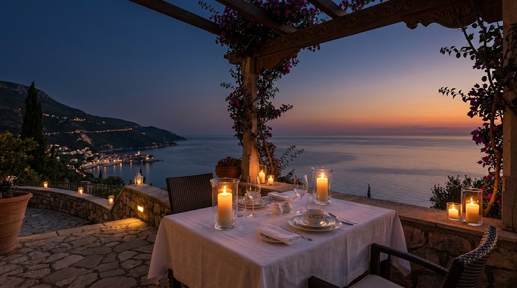 Private terrace dining at dusk