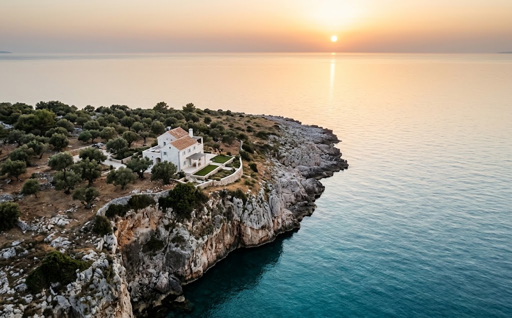 Stone villa on a cliff among olive groves