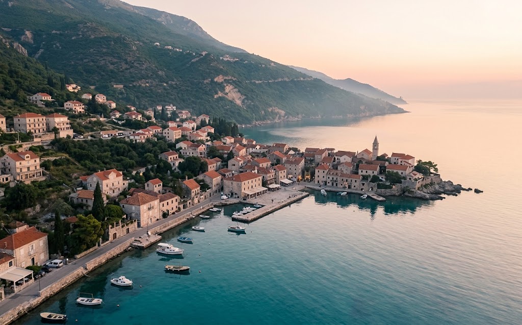 Historic harbor village at dawn