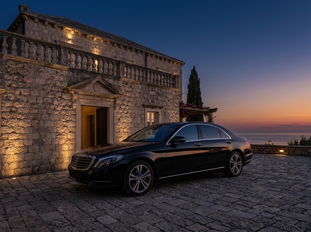 Private chauffeur car at a stone villa entrance