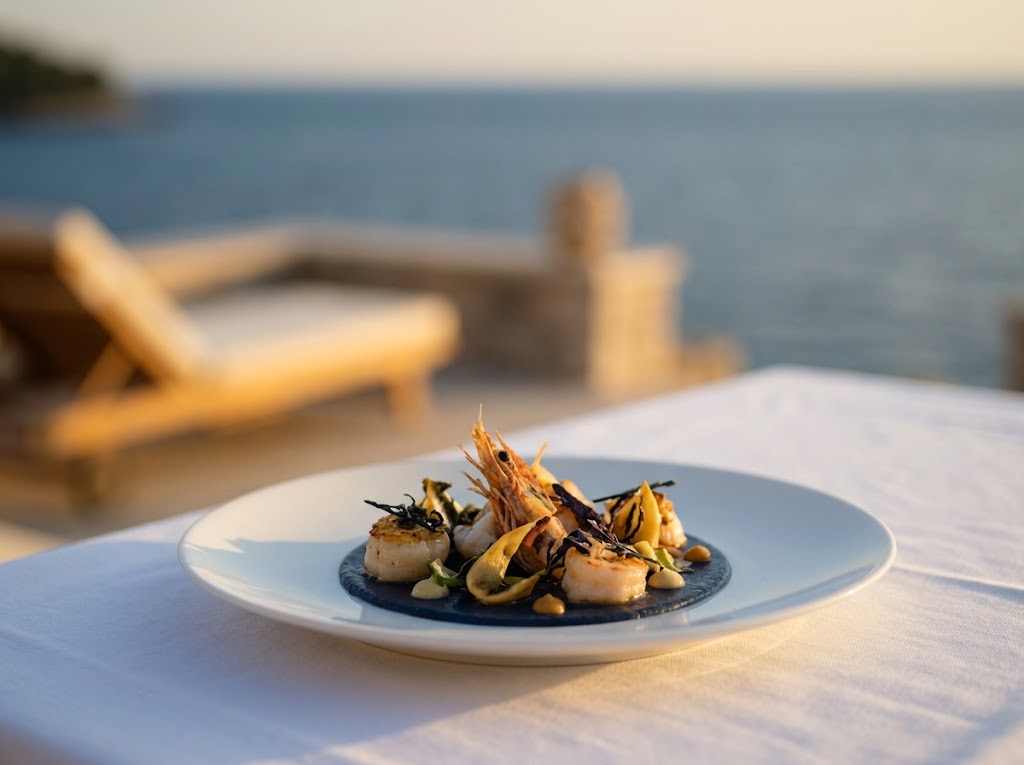 Plated fine dining dish with a sea view