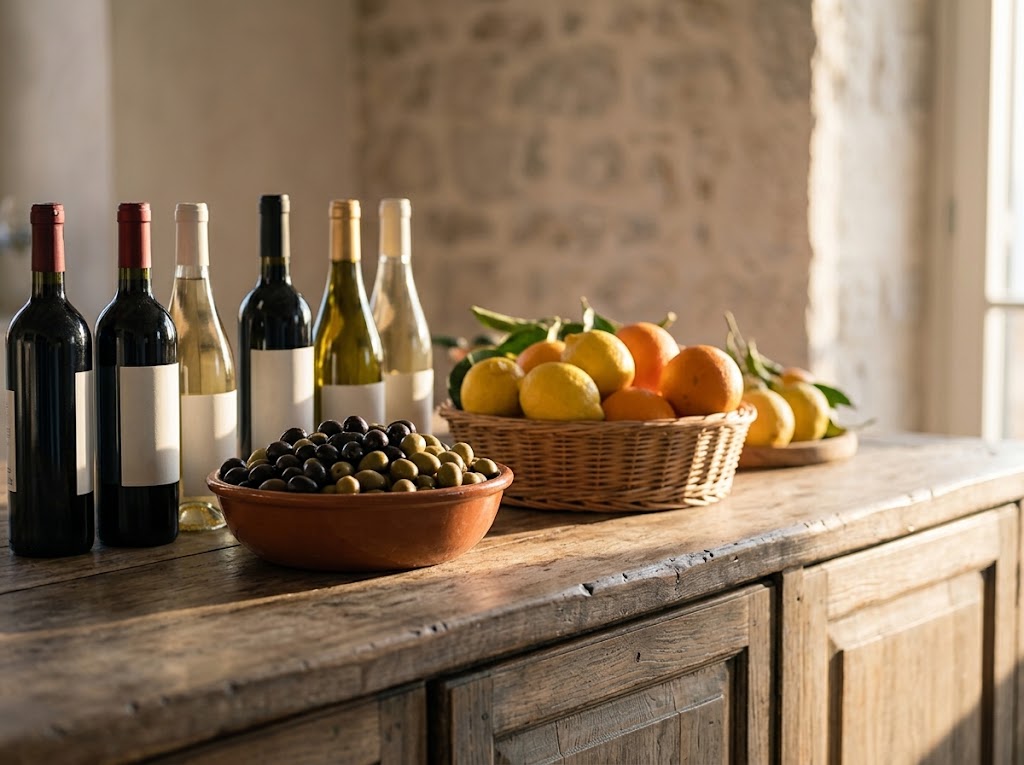Wine, olives and citrus arranged on a sideboard