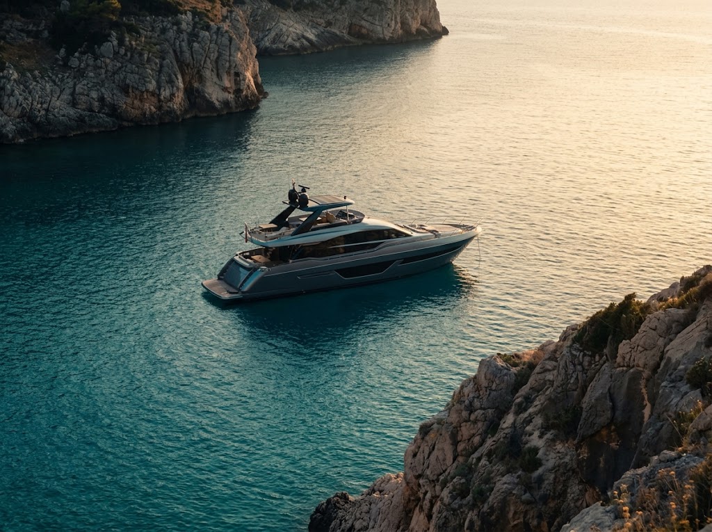 Private motor yacht anchored near the coastline